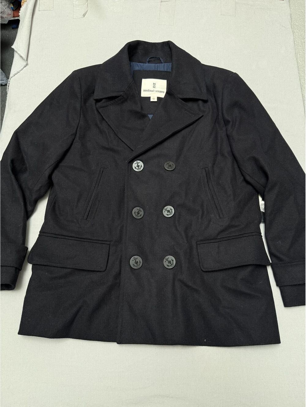 Mens Black Pea Coat NWT - Mutual Weave Lined - Large